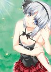  alternate_costume arm_hug bare_shoulders blue_eyes blush casual down_blouse field flat_chest flower hair_ribbon highres konpaku_youmu lilybell male plaid plaid_skirt ribbon short_hair silver_hair skirt solo touhou wavy_mouth 