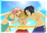  bikini black_eyes black_hair blonde_hair firstsky firstsky_(artist) green_eyes group happy haruno_sakura multiple_boys naruto natsudori necklace pink_hair short_hair shorts sky swimsuit team7 thigh-highs uchiha_sasuke uzumaki_naruto wink 