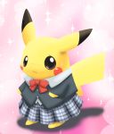  blazer blush cosplay dress embarrassed necktie no_humans pikachu plaid plaid_skirt pleated_skirt pokemon pokemon_(creature) ribbon school_uniform skirt solo sweat 