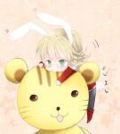  animal_ears bad_id barnaby_brooks_jr blonde_hair boots bunny_ears bunny_tail chibi glasses green_eyes jacket kemonomimi_mode male motion_lines red_jacket solo stuffed_tiger tail tiger_&amp;_bunny yuzuame 