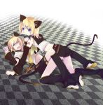  animal_ears bad_id blonde_hair blue_eyes brother_and_sister cat_ears cat_tail fang fish girl_on_top hair_ornament hairclip highres kagamine_len kagamine_rin kaisaki kemonomimi_mode mouth_hold on_back saki_k short_hair shorts siblings smile tail twins vocaloid winge wink 