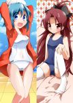  blue_hair funmatu hat highres jacket long_hair mahou_shoujo_madoka_magica miki_sayaka one-piece_swimsuit ponytail red_eyes red_hair redhead sakura_kyouko school_swimsuit short_hair swimsuit thigh-highs thighhighs white_school_swimsuit 