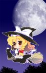  braid broom broom_riding brown_eyes cat chen chen_(cat) chibi flying full_moon hat kirisame_marisa misooden moon multiple_tails red_eyes solo tail touhou v_arms witch witch_hat 
