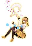  blonde_hair drill_hair fingerless_gloves gloves hair_ornament hat kagekichirou kyubey magical_girl mahou_shoujo_madoka_magica skirt thigh-highs thighhighs tomoe_mami twin_drills twintails vertical-striped_legwear vertical_stripes yellow_eyes 