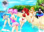  adapted_costume akemi_homura bad_id barefoot beach bikini casual_one-piece_swimsuit charlotte_(madoka_magica) fish innertube kaname_madoka kyubey mahou_shoujo_madoka_magica miki_sayaka multiple_girls one-piece_swimsuit sakura_kyouko see-through skirt splash splashing swimsuit tomoe_mami untying wading walpurgisnacht_(madoka_magica) wardrobe_malfunction water yamako777 