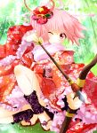  alternate_costume arrow bow_(weapon) floral_print flower flower_on_head hair_flower hair_ornament highres japanese_clothes kaname_madoka mahou_shoujo_madoka_magica pink_eyes pink_hair sandals seleb629 solo twintails weapon wink yuiyuimoe 
