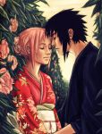  black_hair closed_eyes couple duo flower haruno_sakura japanese_clothes kimono naruto nature pink_hair short_hair sky smile spiky_hair uchiha_sasuke 