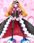  animal_hat aoba_yukichi bird black_legwear boots bow brown_hair elbow_gloves gloves hand_on_hip hat highres hips long_hair long_skirt mawaru_penguindrum penguin pink_eyes smile solo stepped_on takakura_himari thigh-highs thigh_boots thighhighs 