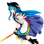  blue_hair boots cross-laced_footwear dress food foreshortening fruit hat hinanawi_tenshi knee_boots lace-up_boots long_hair outstretched_arm outstretched_hand peach pink_eyes purple_eyes simple_background solo sword sword_of_hisou touhou weapon yutazou 