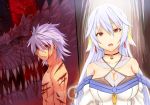  1boy 1girl albino blood breasts choker dragon earrings green_tear injury jewelry large_breasts long_hair necklace original red_eyes shirtless slit_pupils spiked_hair white_hair 