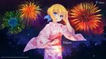  blonde_hair blue_eyes bow fireworks highres japanese_clothes kimono leaves microsoft night silverlight stars tree yukata 