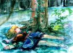  ana_dogukishi bare_legs blonde_hair graphite_(medium) green_eyes lying mizuhashi_parsee on_back partially_submerged pointy_ears solo submerged touhou traditional_media tree water watercolor_(medium) 
