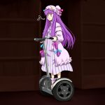  bookshelf bow crescent dress hair_bow hat hop-step-jump long_hair musical_note o3o patchouli_knowledge purple_eyes purple_hair riding segway solo touhou violet_eyes whistling 