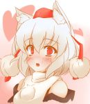  animal_ears blush bust chus face hat heart inubashiri_momiji open_mouth pom_pom_(clothes) red_eyes short_hair solo surprised tokin_hat touhou turtleneck white_hair wolf_ears 