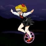  :d blonde_hair blouse fang flying goggles hair_ribbon hop-step-jump lights mary_janes necktie night open_mouth outstretch_arms outstretched_arms red_eyes ribbon rumia shoes short_hair skirt smile socks solo spread_arms the_embodiment_of_scarlet_devil touhou unicycle vest white_legwear youkai 