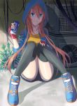  blue_eyes brown_hair fingerless_gloves gloves highres hoodie kaeru314 long_hair momoko_(kaeru314) original red_hair shade shoes sitting sleeves_pushed_up sneakers soda_can solo thigh-highs thighhighs 