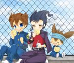  3boys absurdres blue_eyes blue_hair blush brown_hair chain cloak drink eating eyes_closed food headband highres holding inazuma_eleven inazuma_eleven_(series) inazuma_eleven_go male matsukaze_tenma multiple_boys nishizono_shinsuke open_mouth school_uniform seifuku short_hair sitting smile tsurugi_kyousuke yellow_eyes 