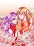  androgynous aries_mu blonde_hair blue_eyes facial_mark flower long_hair multiple_boys purple_hair saint_seiya virgo_shaka 