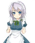  apron blue_eyes blush breasts clenched_hands embarrassed fist highres izayoi_sakuya kabata_(mechisan) lavender_hair maid maid_headdress short_hair short_sleeves simple_background solo touhou 