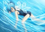  afloat banana banana_boat bare_legs blue_hair bow cirno closed_eyes eyes_closed feet_in_water food fruit girl_on_banana hair_bow ice on_stomach one-piece_swimsuit raybar school_swimsuit short_hair sleeping soaking_feet solo straddle swimsuit touhou water wings 