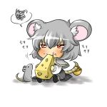  animal_ears basket blush capelet cheese chibi dress eating food food_on_face grey_dress grey_hair mouse mouse_ears mouse_tail nazrin rebecca_(keinelove) rebecca_(naononakukoroni) red_eyes short_hair simple_background sitting solo squiggle tail touhou 