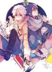  bandaid blue_hair book flower gloves hand_holding holding_hands jacket minatsume mouse multiple_boys nezumi_(no.6) no.6 red_eyes scarf shion_(no.6) sion_(no.6) sitting smile white_hair 