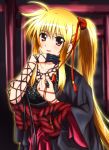  blonde_hair blush collarbone diesel-turbo fate_testarossa hair_ribbon hand_to_mouth japanese_clothes jewelry long_hair lyrical_nanoha mahou_shoujo_lyrical_nanoha mizuki_nana red_eyes ribbon ring rope seiyuu_connection side_ponytail single_glove solo torii 