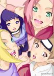  4girls blonde blue_eyes blush brown_hair byakugan close female green_eyes grin hair hair_buns happy haruno_sakura hyuuga_hinata lipstick long_hair looking_up male naruto pink_hair ponytail purple_eyes quartet short_hair smile tenten yamanaka_ino 