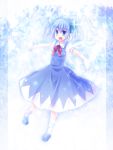 alternate_hairstyle blue_dress blue_eyes blue_hair cirno dress fang hair_ribbon kurosu_rino mary_janes open_mouth outstretched_arms ribbon shoes short_hair socks solo spread_arms touhou twintails white_legwear wings 