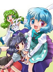  animal_ears blue_eyes blue_hair blush capelet detached_sleeves frog green_eyes green_hair grey_hair hair_ornament hair_tubes heterochromia jewelry karakasa_obake kochiya_sanae long_hair mizuki_hitoshi mouse_ears mouse_tail multiple_girls nazrin open_mouth pendant red_eyes short_hair skirt smile snake tail tatara_kogasa tongue touhou umbrella 