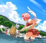  animal_ears bamboo basket bikini black_hair blonde_hair bow cloud eel fujiwara_no_mokou hakurei_reimu kirisame_marisa mitsumoto mitsumoto_jouji multiple_girls mystia_lorelei pink_hair river short_hair silver_hair sky swimsuit touhou wading wings 