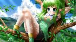  blush boots branches clouds elf elf_ears female green_eyes green_hair ilolamai leaves long_hair nature original pointy_ears sitting skirt sky solo thigh-highs tree 