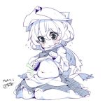 1girl blush child flying_sweatdrops hat kokka_han letty_whiterock long_sleeves monochrome navel rough shirt_lift simple_background sitting solo spot_color touhou wariza white_background young 