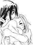  akira_(umihan) akiyama_mio female hug k-on! long_hair monochrome multiple_girls ponytail short_hair simple_background tainaka_ritsu 
