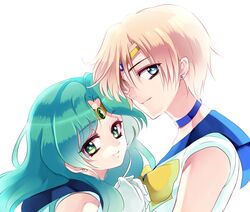  aqua_hair bishoujo_senshi_sailor_moon blonde_hair blue_eyes green_eyes kaiou_michiru kurabayashi long_hair looking_at_viewer magical_girl multiple_girls outer_senshi sailor_neptune sailor_senshi sailor_uranus short_hair smile ten&#039;ou_haruka ten'ou_haruka tiara white_background yuri 