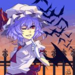  arlmuffin ascot bat bat_wings brooch bust gloves hat jewelry lavender_hair lowres oekaki red_eyes remilia_scarlet short_hair solo too_many_bats touhou white_gloves wings wink 