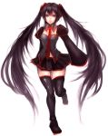  boots leg_up lips long_hair necktie red_eyes sasaki_ryou simple_background skirt solo standing_on_one_leg thigh-highs thigh_boots thighhighs twintails very_long_hair vocaloid zatsune_miku zettai_ryouiki 