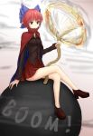  1girl bomb bow brown_eyes cape dress hair_bow highres red_eyes redhead sekibanki short_hair sitting solo tagme touhou 