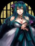  bare_shoulders blue_hair breasts cleavage dress hair_ribbon large_breasts lips long_hair mole ribbon sasaki_ryou sayuri-hime sengoku_taisen solo yellow_eyes 