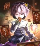  ? bust card cards covering covering_face covering_mouth eyeball falling_card floating_card ghostzxt glowing hairband heart holding holding_card komeiji_satori purple_eyes purple_hair short_hair solo third_eye touhou violet_eyes wings wink 