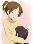  breast_smother breasts brown_hair closed_eyes eyes_closed hirasawa_ui ikari_manatsu k-on! ponytail short_hair sweater translated 