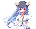  blue_hair blush bow bust covering covering_face covering_mouth dress_shirt floating_hair flower food fruit hat highres hinanawi_tenshi holding holding_flower kabata_(mechisan) long_hair peach purple_eyes shirt short_sleeves simple_background solo touhou violet_eyes 