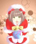  amami_haruka bad_id brown_hair christmas from_above gift green_eyes hair_ribbon highres holding holding_gift ice2002 idolmaster looking_up mittens open_mouth ribbon santa_costume smile solo 