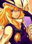  blonde_hair bow bust buttons cellphone face hair_bow hat kirisame_marisa kosuke_(gonzo_2010) lips long_hair marker_(medium) mixed_media orange_hair phone purple_eyes smile solo touhou traditional_media violet_eyes witch witch_hat 