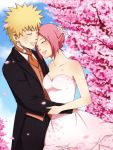  bare_shoulders blonde_hair blush cherry_blossoms closed_eyes couple dress duo flower happy haruno_sakura hug naruto petals pink_hair short_hair sky smile spiky_hair suit uzumaki_naruto wedding 