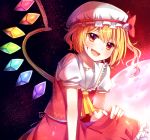  1girl ascot blonde_hair blood blood_on_face blush bow fang flandre_scarlet hat hat_bow open_mouth red_eyes short_hair side_ponytail single_wing skirt skirt_set solo touhou wings 