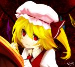  2011 blonde_hair bow face flandre_scarlet hat hat_bow light_smile red_eyes saberiii short_hair side_ponytail signature solo the_embodiment_of_scarlet_devil touhou wings 