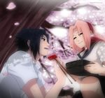   ahoge bag black_eyes black_hair branches cherry_blossoms closed_eyes couple duo eating food happy haruno_sakura naruto open_mouth petals pink_hair ribbon school_uniform seifuku short_hair smile necktie tree uchiha_sasuke  