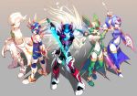  android blue_eyes blue_hair capcom cape copy_x einlee energy_sword glowing glowing_eyes gungir harpuia hellbat_schilt helmet leviathan leviathan_(rockman) long_hair polearm red_eyes redesign rockman rockman_zero short_twintails spear sword thighhighs twin_blade twintails weapon white_hair z-saber zero zero_(rockman) 