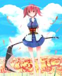  arms_behind_back bare_legs breasts cloud flower hair_bobbles hair_ornament large_breasts obi onozuka_komachi red_eyes red_hair redhead scythe short_hair sky smile solo spider_lily standing tatwuku touhou twintails weapon 